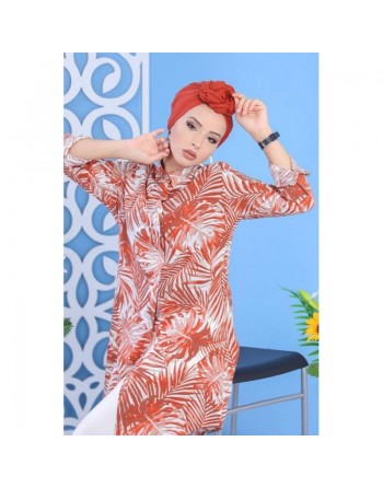 Chemise longue 100% coton à motifs "tropical" pour femme - Couleur orange cuivrée 