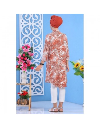 Chemise longue 100% coton à motifs "tropical" pour femme - Couleur orange cuivrée 