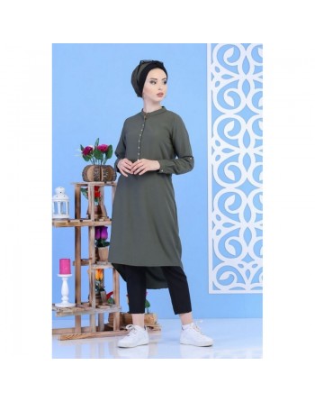 Tunique col Mao avec boutons à pressions pour femme - Couleur kaki 