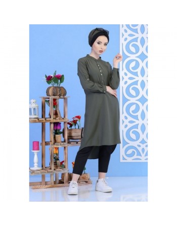 Tunique col Mao avec boutons à pressions pour femme - Couleur kaki 