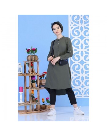 Tunique col Mao avec boutons à pressions pour femme - Couleur kaki 