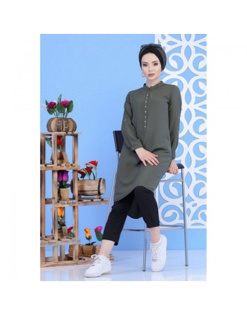 Tunique col Mao avec boutons à pressions pour femme - Couleur kaki 