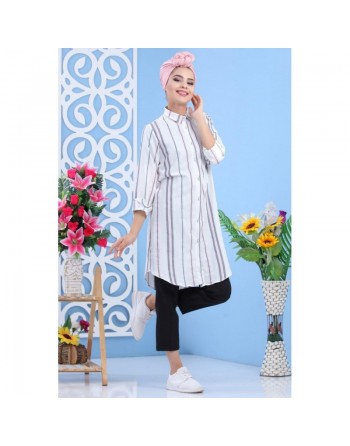 Chemise longue blanche à rayures (Chemises femmes) - Couleur Grise et Rose 