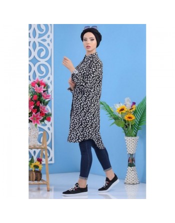 Chemise Longue à motifs (100% coton) pour femme - Couleur noire 