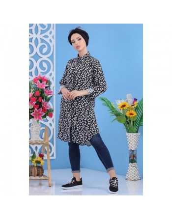 Chemise Longue à motifs (100% coton) pour femme - Couleur noire 