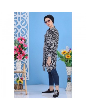 Chemise Longue à motifs (100% coton) pour femme - Couleur noire 