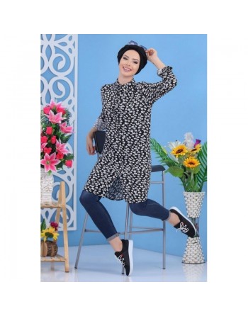 Chemise Longue à motifs (100% coton) pour femme - Couleur noire 