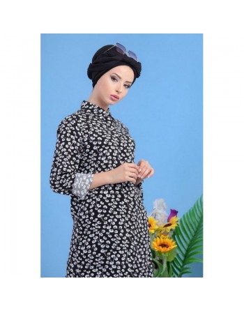 Chemise Longue à motifs (100% coton) pour femme - Couleur noire 
