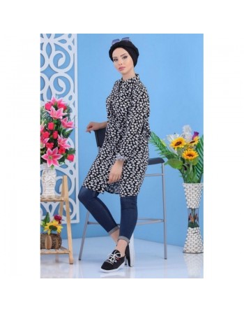 Chemise Longue à motifs (100% coton) pour femme - Couleur noire 