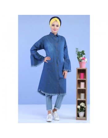 Chemise longue et ample mastour pour femme en jean foncé 