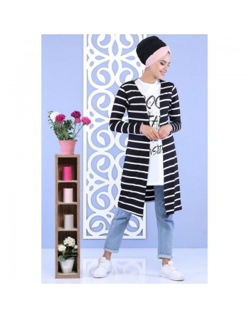 Ensemble femme 2 pièces Tee-Shirt + Gilet à rayures de couleur Blanche et Noir 