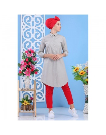 Chemise longue femme à fines rayures beiges et grises 