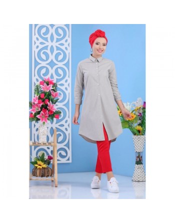Chemise longue femme à fines rayures beiges et grises 