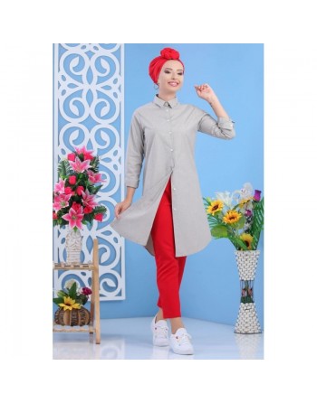 Chemise longue femme à fines rayures beiges et grises 