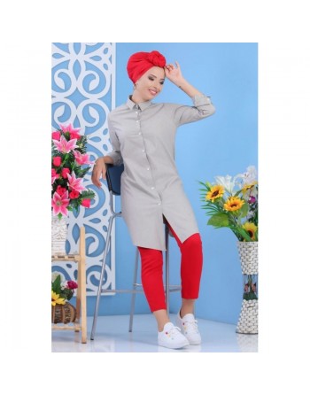 Chemise longue femme à fines rayures beiges et grises 
