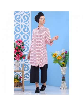 Chemise femme longue blanche à rayures rose bonbon 