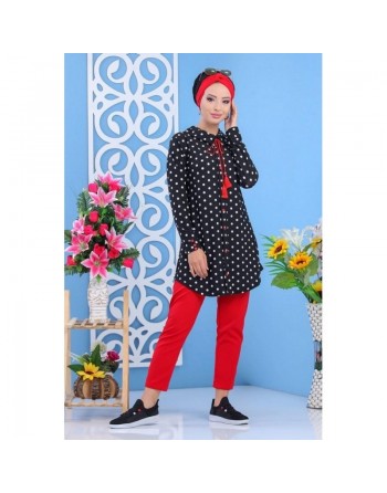 Tunique longue noire à pois blanc et boutons/cordon rouges pour femme 