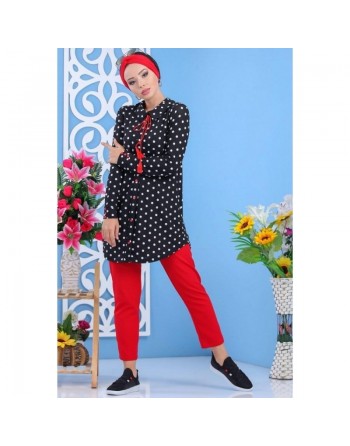 Tunique longue noire à pois blanc et boutons/cordon rouges pour femme 