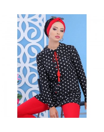Tunique longue noire à pois blanc et boutons/cordon rouges pour femme 