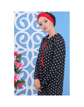 Tunique longue noire à pois blanc et boutons/cordon rouges pour femme 