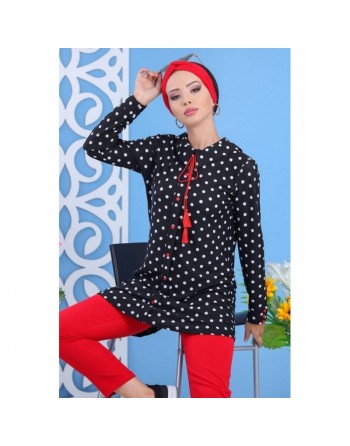 Tunique longue noire à pois blanc et boutons/cordon rouges pour femme 