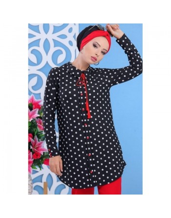 Tunique longue noire à pois blanc et boutons/cordon rouges pour femme 