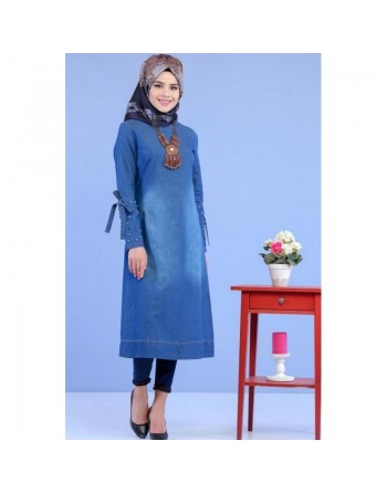 Tunique longue en jean foncé et délavé (Vetement tendance pour femme musulmane voilée) 