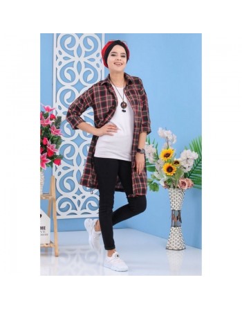 Tunique chemise longue à carreaux pour femme - Couleur noir, vert et rouge 