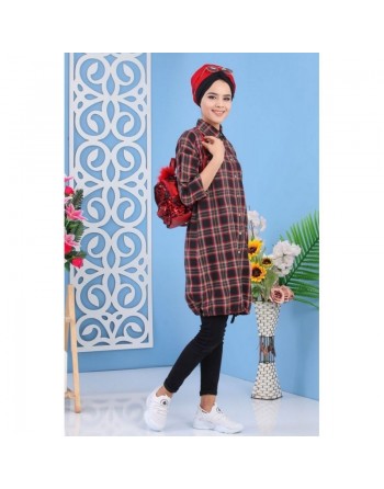 Tunique chemise longue à carreaux pour femme - Couleur noir, vert et rouge 
