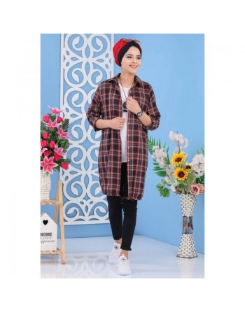 Tunique chemise longue à carreaux pour femme - Couleur noir, vert et rouge 