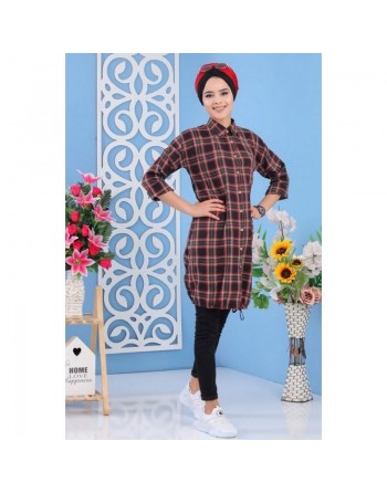 Tunique chemise longue à carreaux pour femme - Couleur noir, vert et rouge 