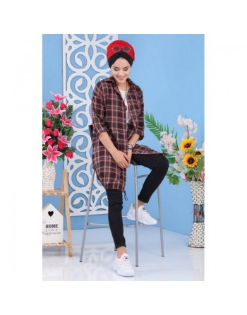 Tunique chemise longue à carreaux pour femme - Couleur noir, vert et rouge 
