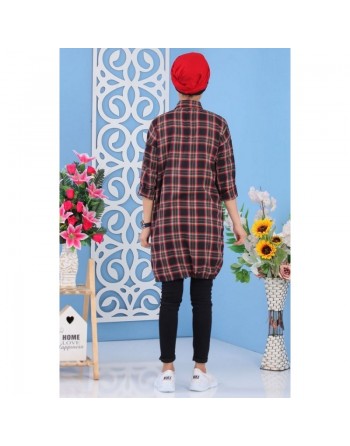 Tunique chemise longue à carreaux pour femme - Couleur noir, vert et rouge 