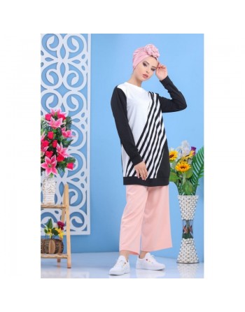 Tunique longue type Sweat pour femme imprimé original noir et blanc - Couleur noire et blanche 