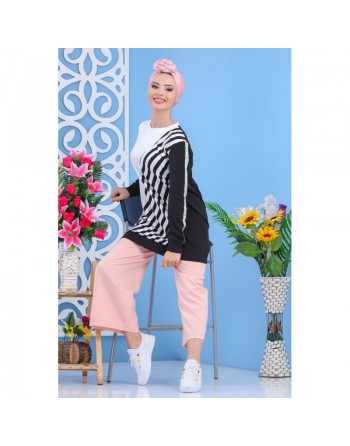 Tunique longue type Sweat pour femme imprimé original noir et blanc - Couleur noire et blanche 