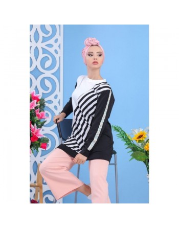 Tunique longue type Sweat pour femme imprimé original noir et blanc - Couleur noire et blanche 