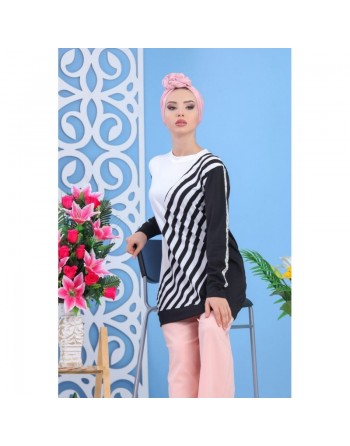Tunique longue type Sweat pour femme imprimé original noir et blanc - Couleur noire et blanche 