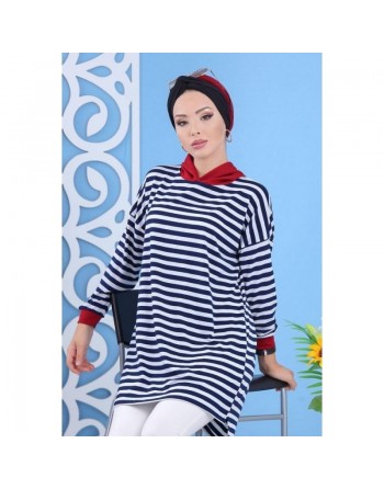 Tunique à rayures noires avec capuche de couleur bordeaux pour femme 