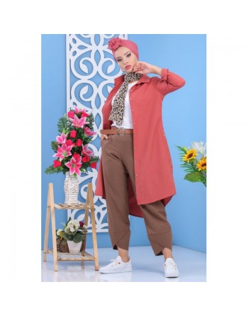 Tunique chemise longue décoration boutons pour femme - Couleur rose clair 