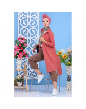 Tunique chemise longue décoration boutons pour femme - Couleur rose clair 