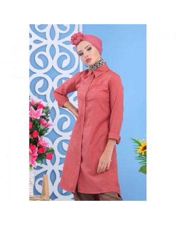 Tunique chemise longue décoration boutons pour femme - Couleur rose clair 