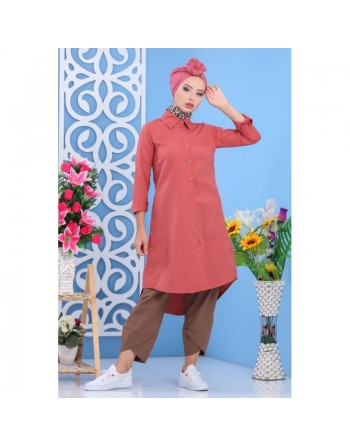 Tunique chemise longue décoration boutons pour femme - Couleur rose clair 