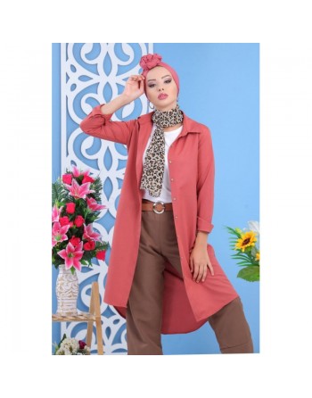 Tunique chemise longue décoration boutons pour femme - Couleur rose clair 