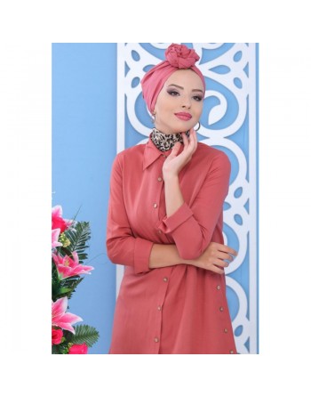 Tunique chemise longue décoration boutons pour femme - Couleur rose clair 