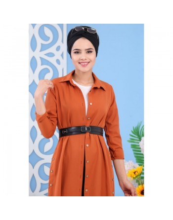 Tunique chemise longue décoration boutons pour femme - Couleur Rouille 