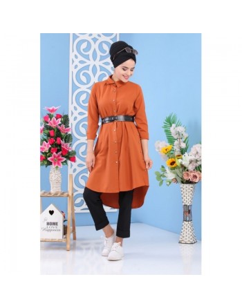 Tunique chemise longue décoration boutons pour femme - Couleur Rouille 