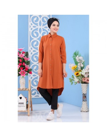 Tunique chemise longue décoration boutons pour femme - Couleur Rouille 