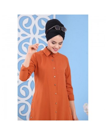 Tunique chemise longue décoration boutons pour femme - Couleur Rouille 