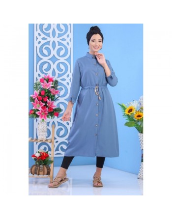 Tunique chemise longue avec cordon et boutons tout au long - Couleur Bleu 