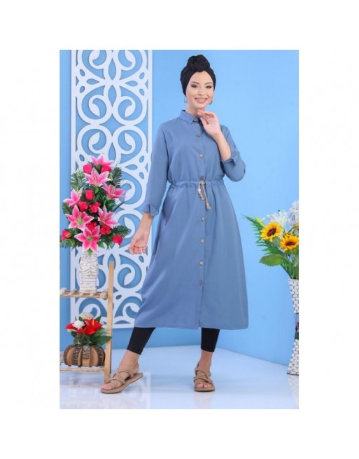 Tunique chemise longue avec cordon et boutons tout au long - Couleur Bleu Tunique chemise longue avec cordon et boutons tout au long - Couleur Bleu